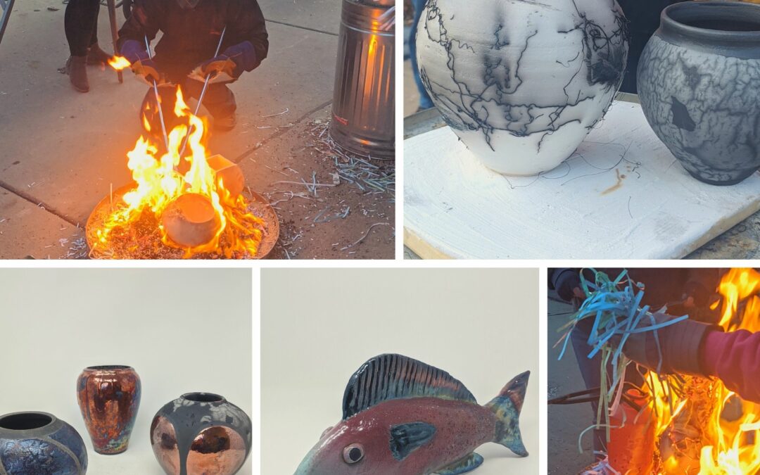 Flame surrounds pottery as it is placed in shredded paper. white pottery with dark smoky lines of burnt horse hair decorate a tall vase. Metallic rainbow color glazes adorn pottery with black geometric designs