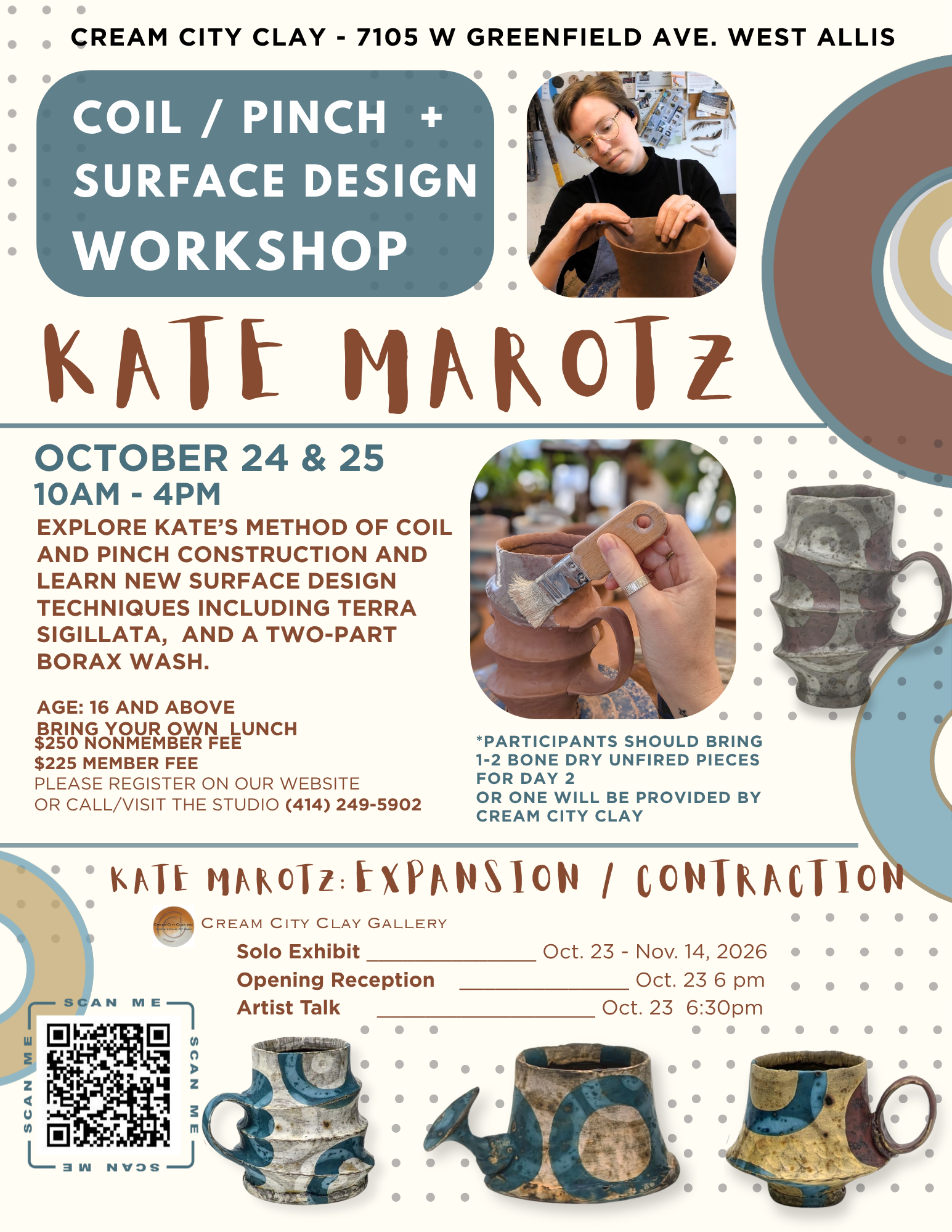 Kate Marotz Solo Exhibition October 23th 6:00-8:30 (Artist Talk at 6:30pm) Workshop October 24th and 25th 10am-4pm. Hosted by Cream City Clay located at 7105 W. Greenfield Ave West Allis WI 53214